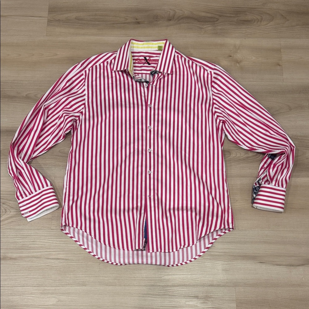 Men’s Large Robert Graham Pink and White Striped Button Down Shirt w/flip cuffs